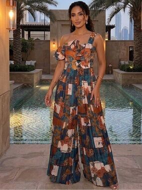 Flor et.al One-Shoulder Floral Patchwork Wide-Leg Jumpsuit in Teal & Rust size 4